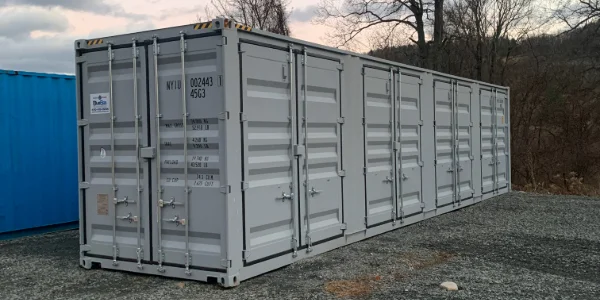 A white 40ft storage container in Mansfield, PA