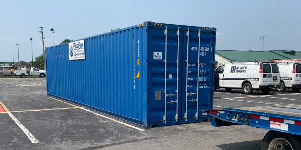 A blue 20ft storage container just delivered in Williamsport, PA