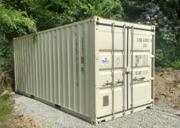 a beige 20ft weatherproof storage container