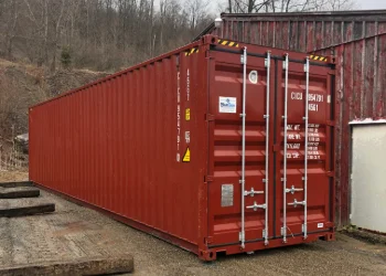 a red 40ft storage container
