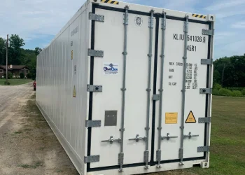 a white 40ft weatherproof and theft-proof storage container