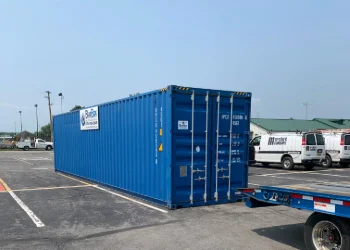 a blue 40ft storage container ready to be delivered
